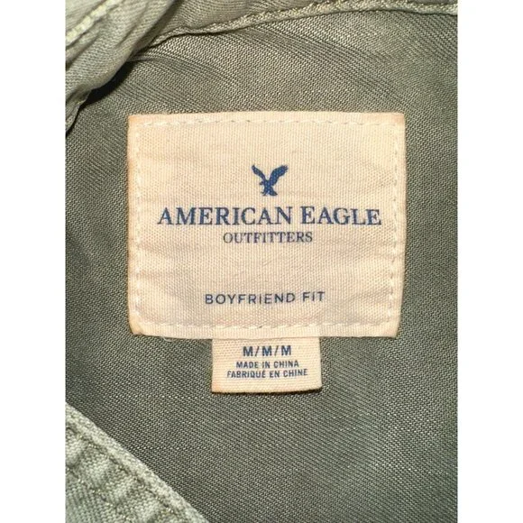 American Eagle Outfitters Boyfriend Fit Button Up Shirt Medium Green Long Sleeve - Picture 6 of 11